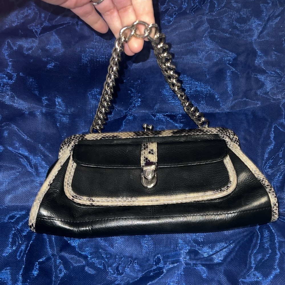 Black leather clutch Grey faux Snakeskin trim
